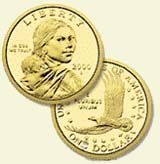 Sacagawea and her infant, Jean Baptiste, are on the front. A soaring American eagle is on the back. Sacagawea and her infant, Jean Baptiste, are on the front. A soaring American eagle is on the back.
